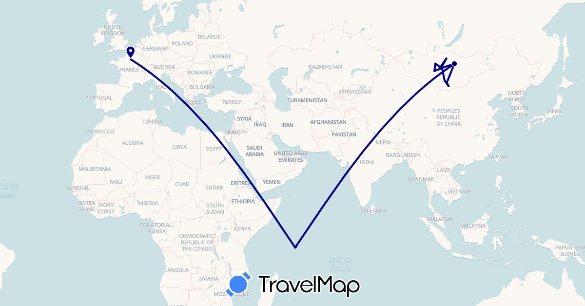 TravelMap itinerary: driving in France, Mongolia, Seychelles (Africa, Asia, Europe)